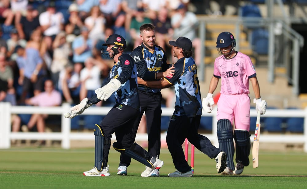 26.06.26 - Glamorgan v Middlesex, Vitality Blast Men  - Chris Cooke of Glamorgan celebrates as he catches Joe Cracknell of Middlesex off the bowling of Mason Crane of Glamorgan